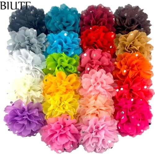100pcs/lot Wholesale 4'' Silver Polka Dot Fabric Chiffon Flower Handmade Polyester Flower Headdress Accessories Home Decor TH294