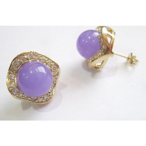 2 colors wholesale fashion jewelry pretty 8mm purple/pink round Natural jade & crystal 18kgp earring #002