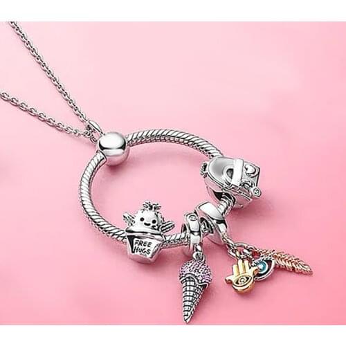 2021 100% 925 Sterling Silver 1:1 spring ice cream cactus backpack hand letter O pendant pan necklace female