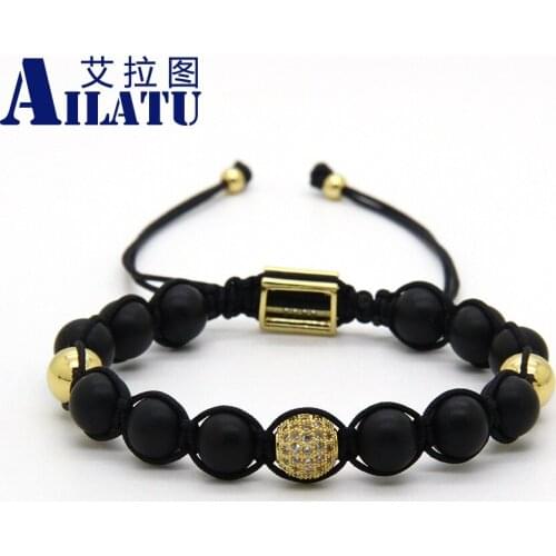 Ailatu Wholesale 10pcs Fashion Mens Jewelry 8mm Matte Onyx Stone Beads with Micro Pave Brass Clear Round Cz Braided Bracelets