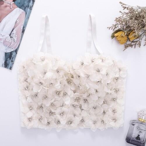 Atoshare Handmade Beaded Rhinestone Flowers White Crop Top Women Sexy Bustier Backless High Waist Exquisite Top for Party