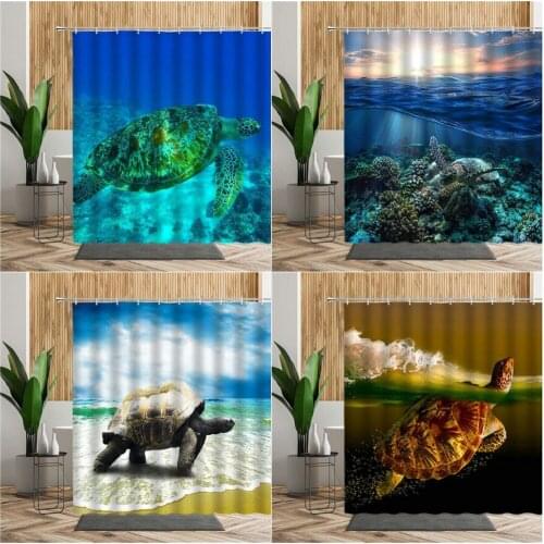 Turtle Shower Curtain Marine Animal Coral Reef Seabed Background Bathroom Decoration Waterproof Bath Curtains Screen With Hooks