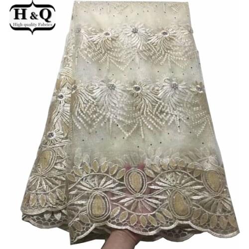 H&Q embroidery african lace fabric with bead and stones 2021 nigerian mesh tulle fashion french net fabrics 5 yards for sewing
