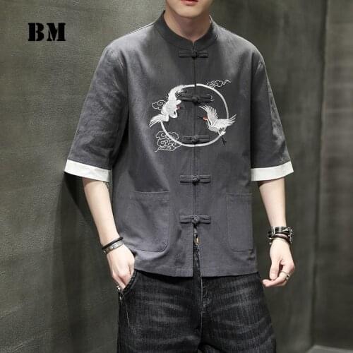 Chinese Traditional Dress Summer Plus Size Crane Embroidery Buttoned Shirt Men Clothing Harajuku Oversized Tops Short Sleeve