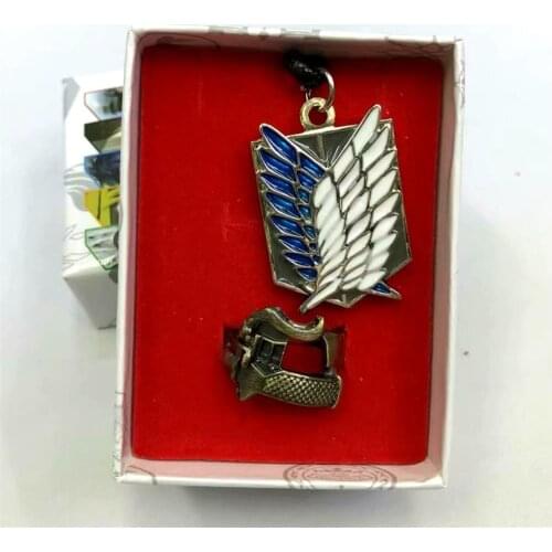 2pcs/set Anime Attack on Titan Necklace & Ring set Figure Toys Wings of Liberty Shingeki No Kyojin Leather Chain Pendant Gift