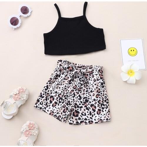 Summer Girls Clothing Set Fashion Clothes 2 Pcs Sets Solid Strap Tops+leopard Print Short Pants Kids Clothes Baby Clothes 0-5Y
