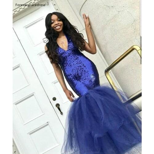 Royal Blue Sequins Prom Dresses 2019 For Black Girls Formal Holidays Graduation Wear Party Gowns Plus Size Custom Made