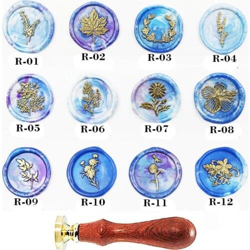 Natural plants branches Leaf Wax Seal Stamp Set Custom Picture Logo Wedding Invitation Gift Rosewood Handle Set kit