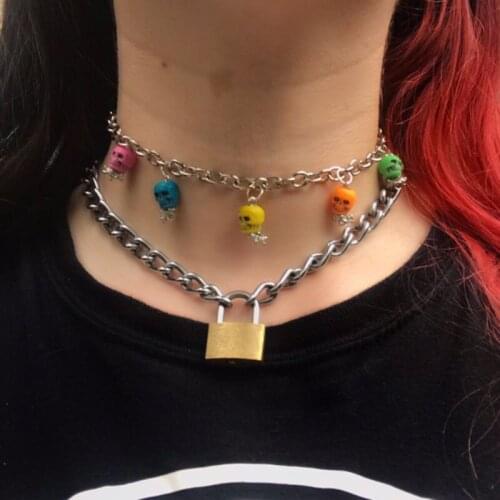 Resin colorful Skull drop choker necklace for girls stainless steel lock necklace y2k jewelry punk night party jewelry harajuku