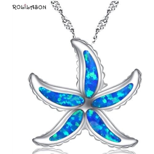 ROLILASON Mystic Blue fire Opal Lovely Romantic Starfish for girl silver color Necklace Pendant Fashion Jewelry OP779