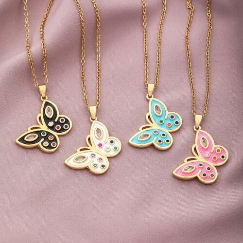 Cute Enamel Butterfly With Zircon Pendant Necklace Titanium Steel Chain for Women Girls Birthday Gifts Quality Necklace 2021