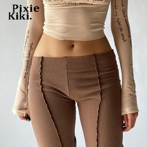 PixieKiki Fairy Grunge Y2k Low Rise Flare Pants Brown Ribbed Knitted Contrast Stitch Elastic Trousers Womens Fall 2021 P56-CE29