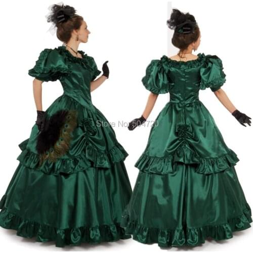 19 Century Retro Green Taffte Victorian Eras Regency Civil War Revolutionary Halloween dress HL-112