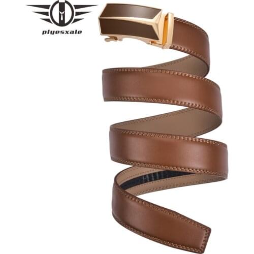 Plyesxale Luxury Brown Leather Belt For Men Fashion Ratchet Belts with Automatic Buckle Formal Business Dress Strap Male B128