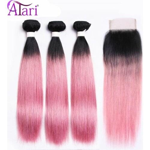 1B/Pink 3 Bundles With Closure Brazilian Hair Straight Bundles With Closure Virgin 100% Human Hair Bundles With Closure Atari