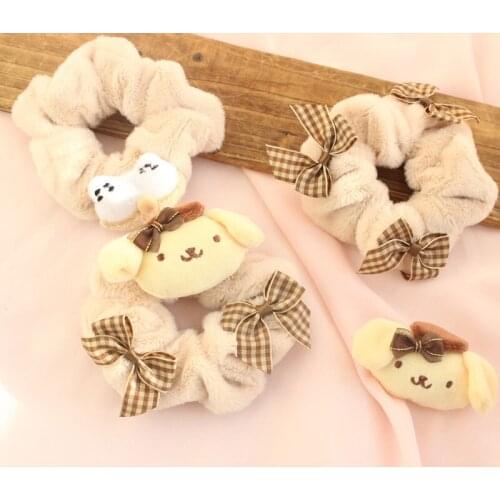Japanese kawaii hand-made cute pudding dog hair rope winter plush large intestine circle lattice bow knot rubber band headdress