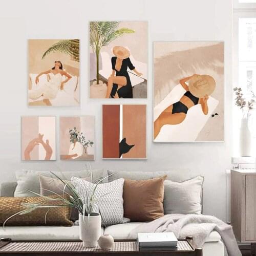 Sexy Woman Fashion Wall Art Black Cat Poster Canvas Print Leafs Vintage Pictures Abstract Nordic Posters and Prints Home Decor