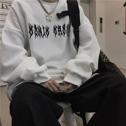 Autumn Winter Streetwear Top Unisex Couple Gothic Print Oversized Hoodie Men Women Hip-hop O-neck Black White Street Sweatshirts