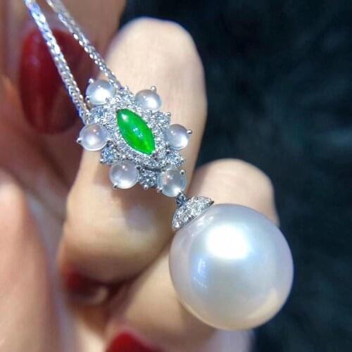 D401 Pearl Pendant Fine Jewelry Solid 18K Gold Natural 13-14mm Round Fresh Water White Pearls Pendants Necklace for Women