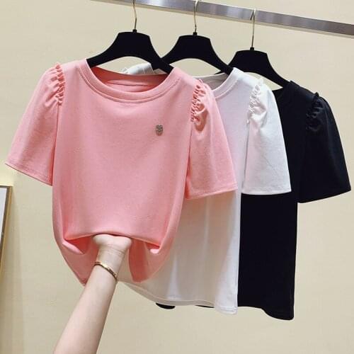 Gkfnmt Diamond Cotton Tees Tshirt Korean T-shirt Pink T Shirt Summer Short Puff Sleeve Woman Tops White Black Women Clothes