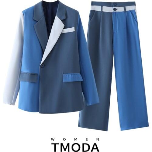 TMODA2042 Za 2021 Fall Woman Casual Outfits Elegant Fashion Autumn Blue Patchwork Blazers + Ankle Length Pant Suit 2 Pie Set