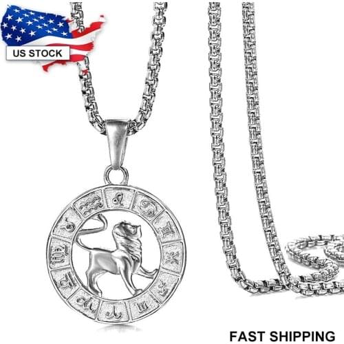 12 Zodiac Sign Pendant Necklace For Women Silver Color Stainless Steel Constellation Necklaces Pendants Round Shaped LKP656