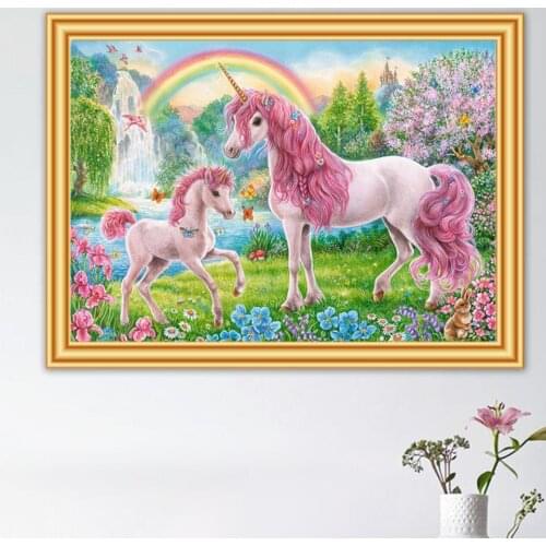 5D DIY Diamond Painting Cross Stitch Full Diamond Embroidery Pink Unicorns & Rainbow Needlework Mosaic Pattern Rhinestone Decor
