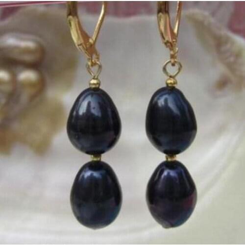 AAA 8mmX10mm Black Baroque Pearl Earrings 14K/20 YELLOW HOOK