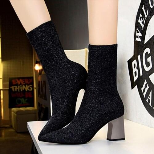 BIGTREE Women Sequin Leather short Boots Fashion Handmade Classic Pointed toe Metal Heels thick high Women Booties