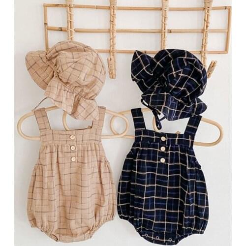 Infant Baby Girls Boys Bodysuits Plaid Print Sleeveless Autumn Casual Toddler Jumpsuits With Hat Kids Overalls Outfits