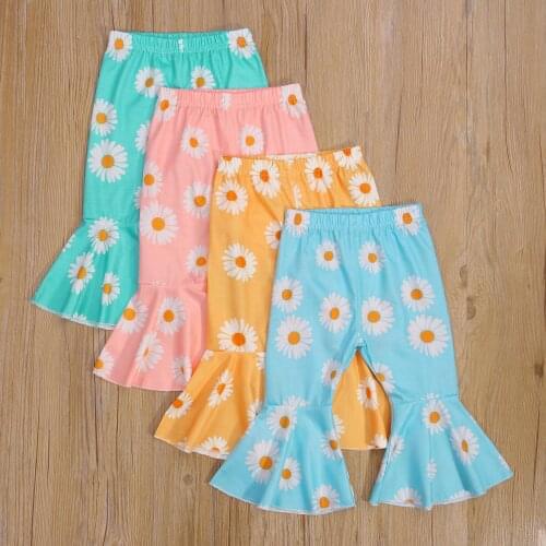 Toddler baby girl ripped flare pants Cute Daisy Printed Elastic Waist Bell Bottom Ruffles bottomed Long Trousers For Kids Girls
