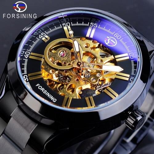 Forsining Black Mens Mechanical Watches Automatic Skeleton Steampunk Stainless Steel Strap Military Sport Wristwatch Homme Saati
