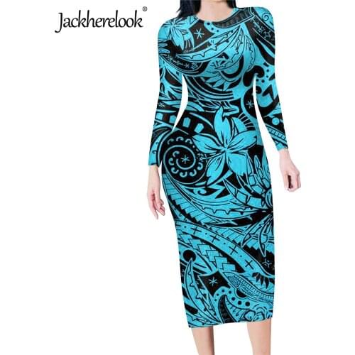 Jackherelook Blue Hawaiian Polynesian Teal Tropical Print Sexy Bocycon Pencil Dresses for Office Ladys Long Sleeves Midi Dress
