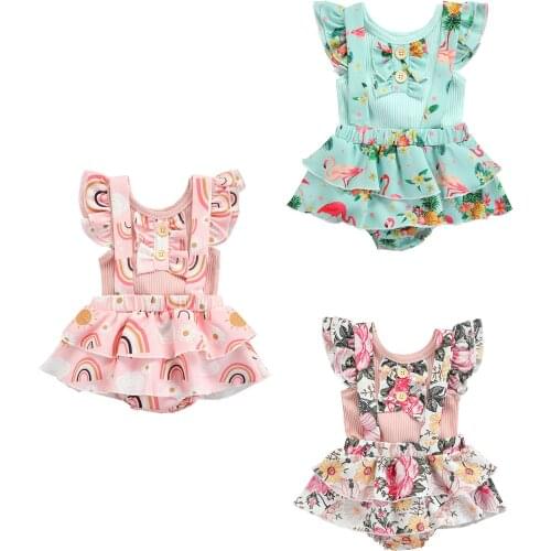 Infant Clothing Set Summer Cute Baby Girl Clothes Newborn Girls Flamingo Floral Rainbow Print Fly Sleeve Top Bib Shorts 2pcs