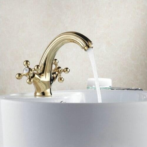 Basin Faucets Swan Neck Mixer Taps Golden Plated Hot and Cold Double Handle Deck Mounted Sink Faucet Crane G1014