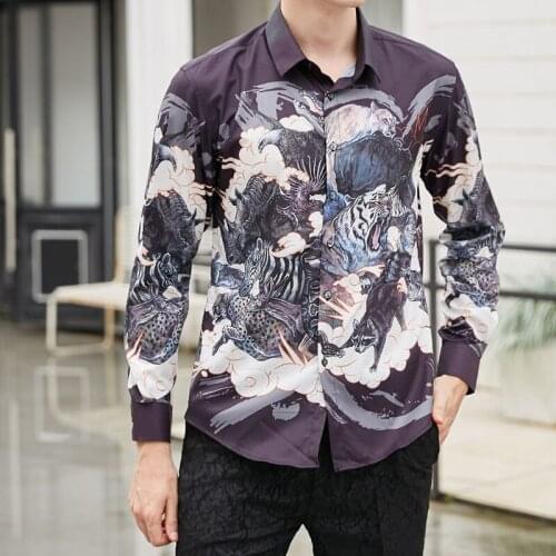2019 Autumn New Mens Fashion Printed Shirts Slim Fit Long Sleeve Party Shirts Men Casual Print Dress Shirt Tops