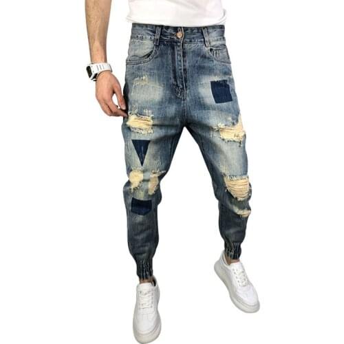 Wholesale 2021 Fashion Social spirit guy ripped pants Korean style trendy trousers harem pants ankle length jeans mens pants