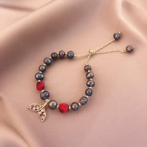 Natural Black Freshwater Pearl Beaded Bracelet Adjustable Length Tiger Eye Mermaid Tail Pendant Chain Bracelets For Women