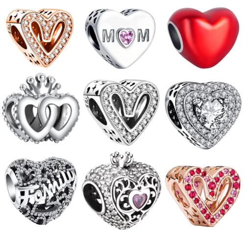 Genuine 925 Sterling Silver Charm Heart Love Mom Family Tree Beads Fit Original Pandora Bracelet Jewelry Making DIY Women Gift