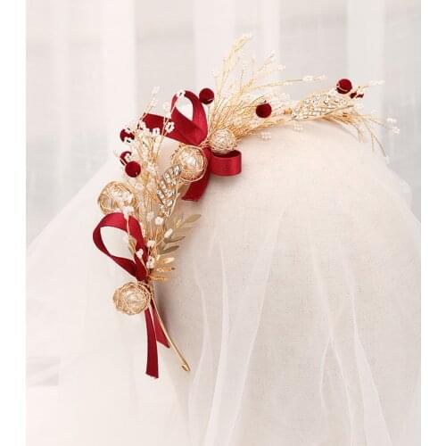 FORSEVEN Gold Color Red Bowknot Shining Crystal Pearls Headbands Jewelry for Wedding Veil Bride Noiva Bridal Tiaras and Crowns