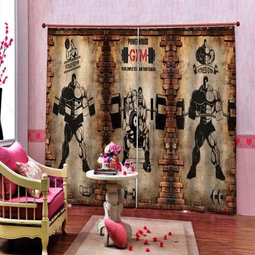 Gym Curtain 3d nostalgic brick wall vintage sport fitness club weightlifting Blackout Window Drapes Sets 2 Panels With Hooks
