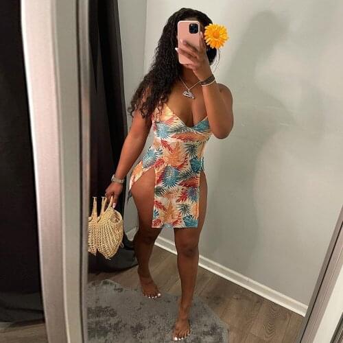 Spaghetti Strap Side High Split Sexy Wrap Dress for Women Deep V Neck Sleeveless Beach Dress Summer Back Hollow Out Mini Dress