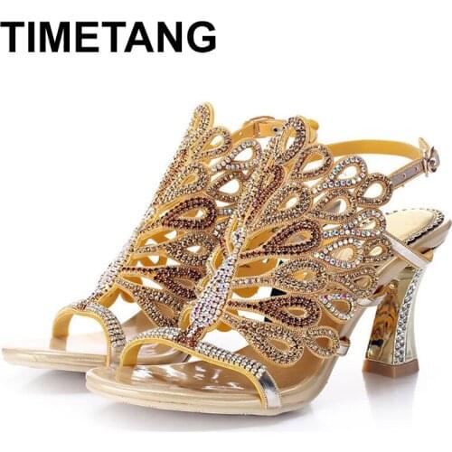TIMETANG2019 Summer New Elegant Gold High Heel Women Sandals Chunky Heel 11 Open Buckle Covered Large Size Ladies ShoesE1005