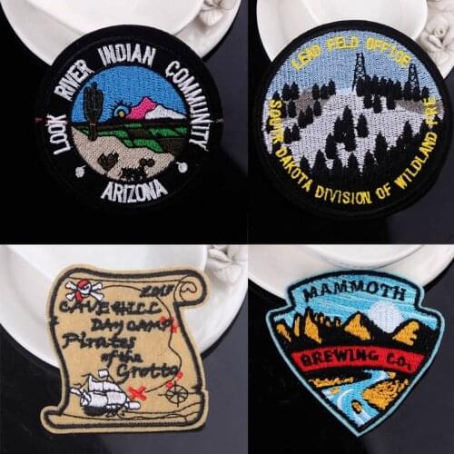 DIY Mountain Sunrise Rhombus Embroidered Patches Iron On For Clothing Hat Stripes Applique Badge Stickers Jacket Clothes