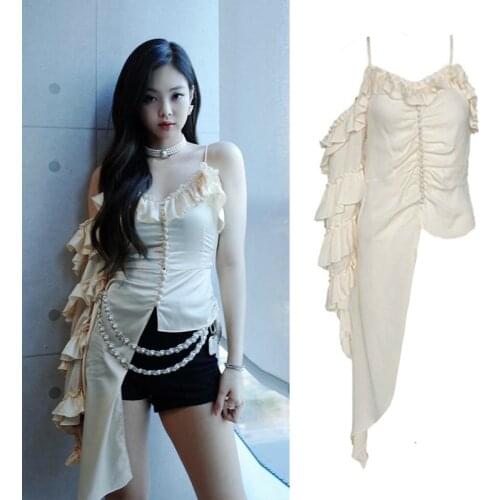 Kpop Korean Celebrity Dance Show Sexy Solid Color Irregular Ruffled Sling Shirt Women Nightclub Fashion V-neck Blouse And Tops