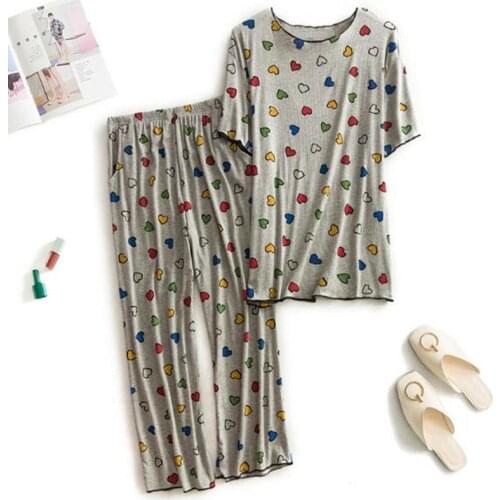 Pyjamas women modal short-sleeved cropped pant pajamas suit female summer pijama set loose korean casual elastic home clothes