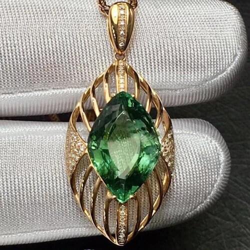 Fine Jewelry Real 18K Gold 100% Natural Green Tourmaline 9.8ct Female Diamonds Gemstone Diamond Womens Pendants Necklaces