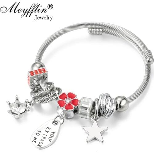 Meyfflin Flower Charm Bracelets for Women Fashion Crystal Beads Crown Star Bracelets & Bangles Silver Color Jewelry Bijoux Brand