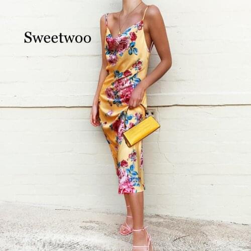 Floral print satin vintage women midi dress boho strap lace up backless sexy 2020 summer clothes party elegant