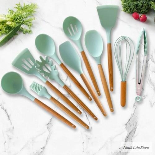 12PCS Silicone Cooking Utensils Set Non-stick Spatula Shovel Wooden Handle Cooking Tools Set with Storage Box Kitchen Tools